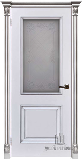 Межкомнатная дверь Эмаль белая (RAL 9003) Багет 32 патина серебро стекло матовое